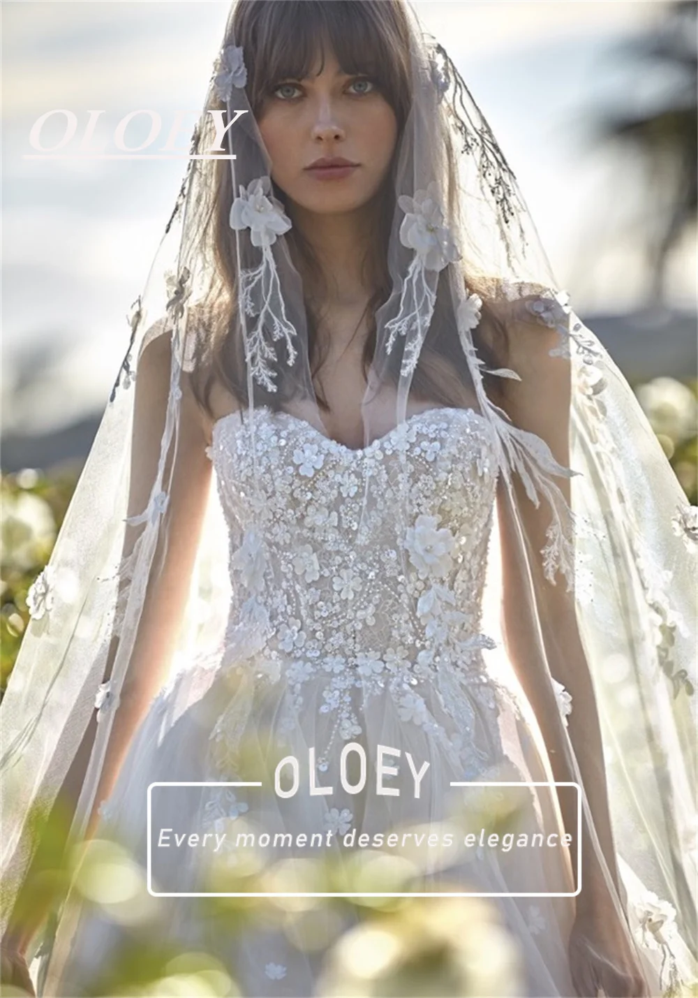 OLOEY Exquisite Flower Sequines A-line Wedding Dress Sweetheart Neck Draped Tulle Puffy Bridal Gown Customized Vestidos De Novia