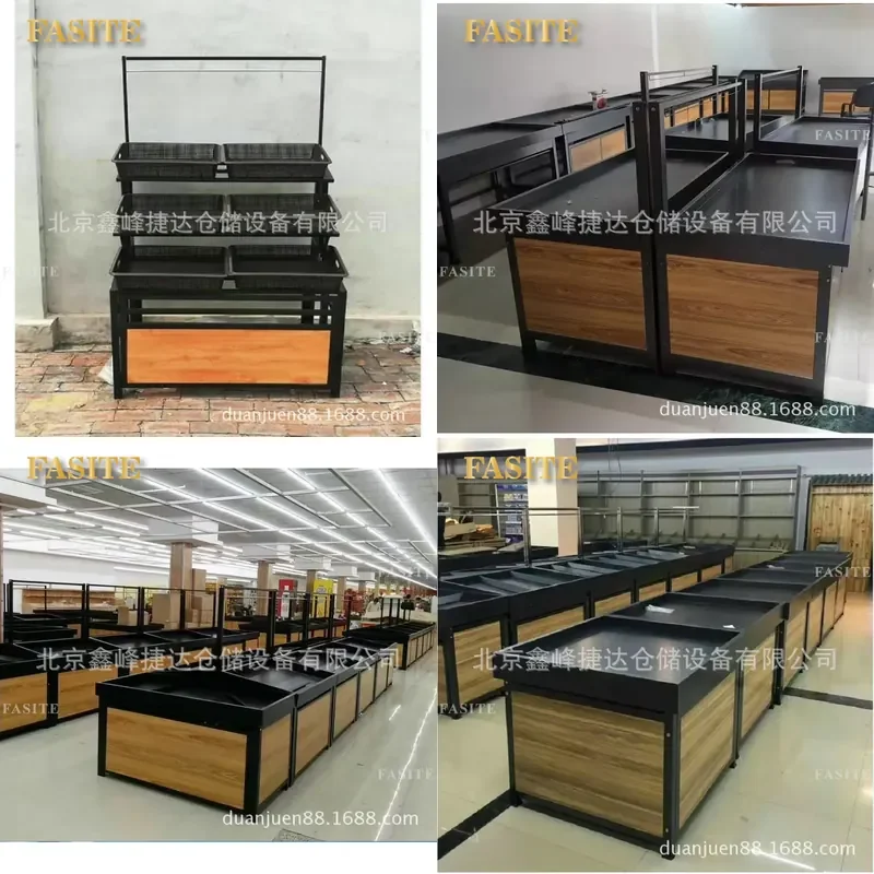For Supermarket Vegetable Fruit Shelves Frosted Gray Steel Wood Structure Display Rack Fresh Produce Storage Container