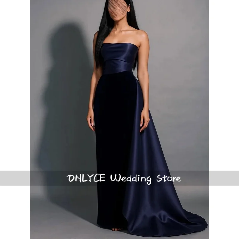 

Evening Luxury Dresses Dubai Vintage Drak Blue Satin Formal Occasion Prom Gowns vestidos