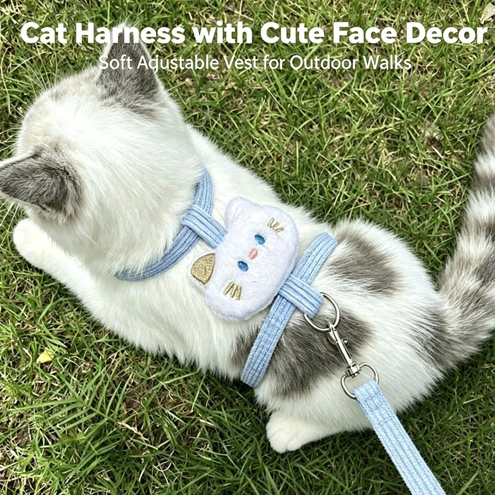 Cute Cat Harness and Leash, Soft Adjustable No-Pull Cat Vest Harness with Face Decor, Breathable Escape-Proof Pet Walking Halter