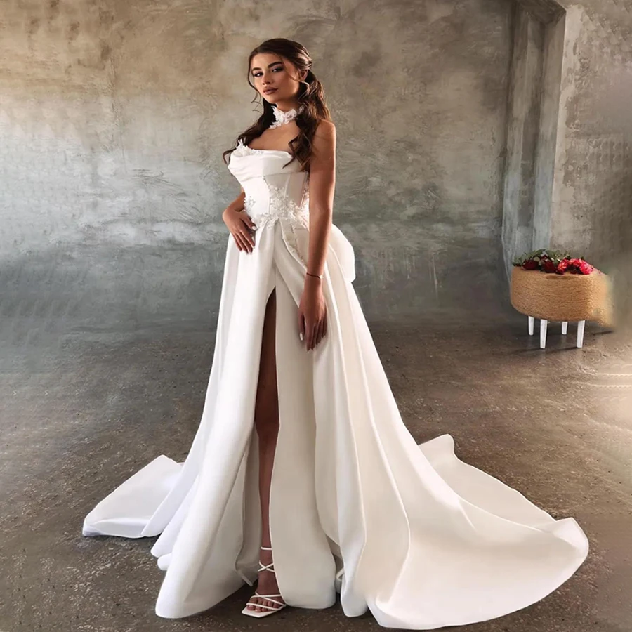 Customized Off-Shoulder Removable 3/4 Sleeve Satin Wedding Gown A-Line Back See Through Zipper And Buttons Bridal Gowns