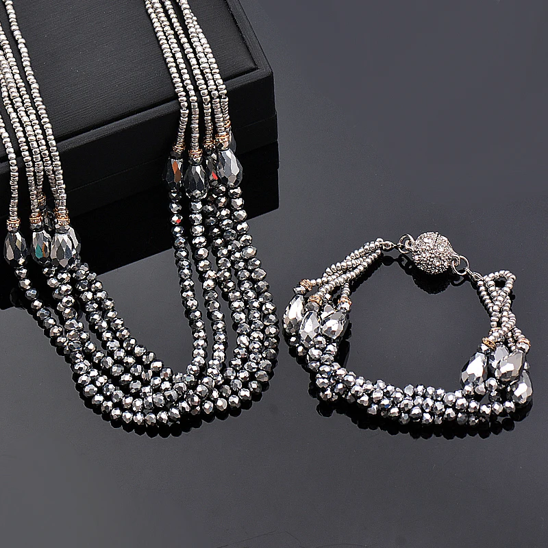 KIOOZOL Fashion Teardrop Crystal Beads 5 Layers Female Necklaces Rhinestone Magnet Buckle Necklace On Neck Jewelry 984 KO8