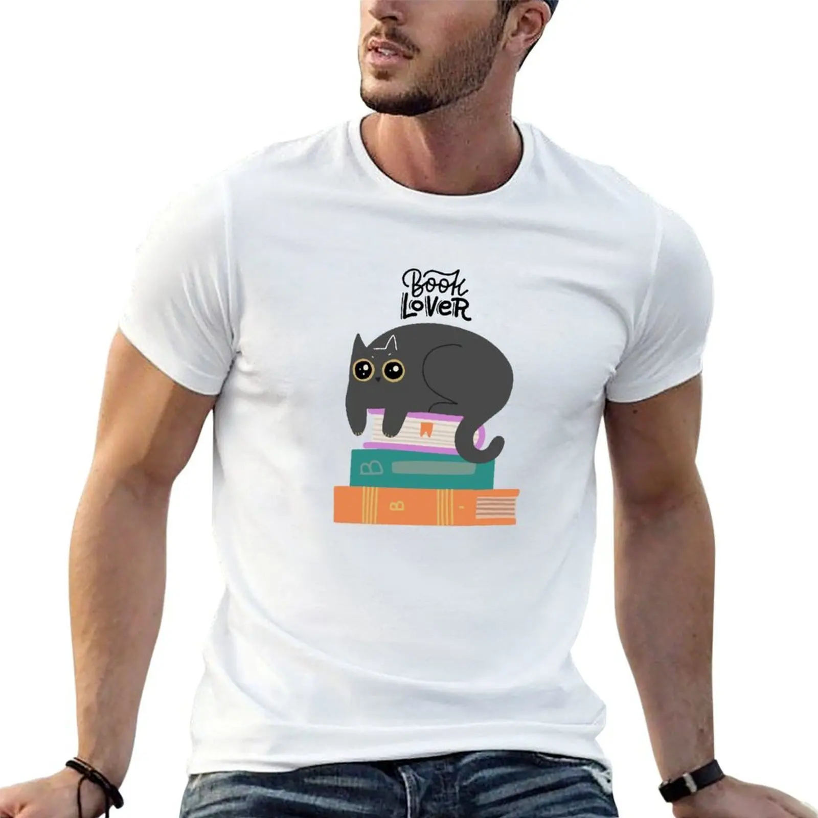

Cat on bookstack, TBR pile, Cat lover, Book lover, cute bookish reader T-Shirt man t shirts cotton T-Shirt