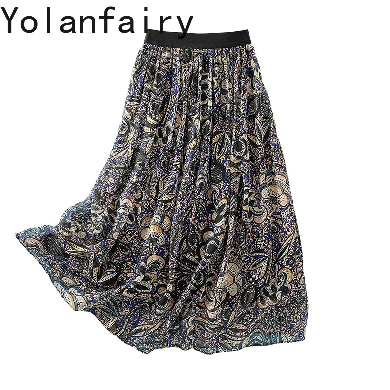 

Юбка YOLANFAIRY из 100% натурального шелка тутового шелкопряда для женщин, летняя винтажная юбка с принтом, длинная юбка с эластичной талией, женская одежда, Faldas