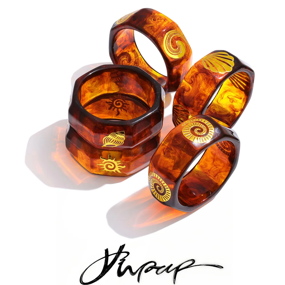 Yhpup 64mm Big Resin Acrylic Wide Statement Bracelet Bangle Hot Stamping Shell Conch Sun Shape Fashion Trendy Wrist Jewelry New