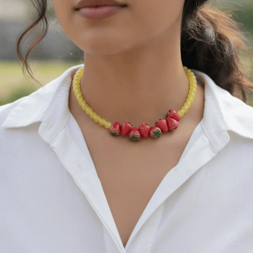 Fashion Stackable Beads Fruit Necklace Colorful Beads Blueberries Fruits Choker Lemons Cherry Bohemian Collarbone Chain Women