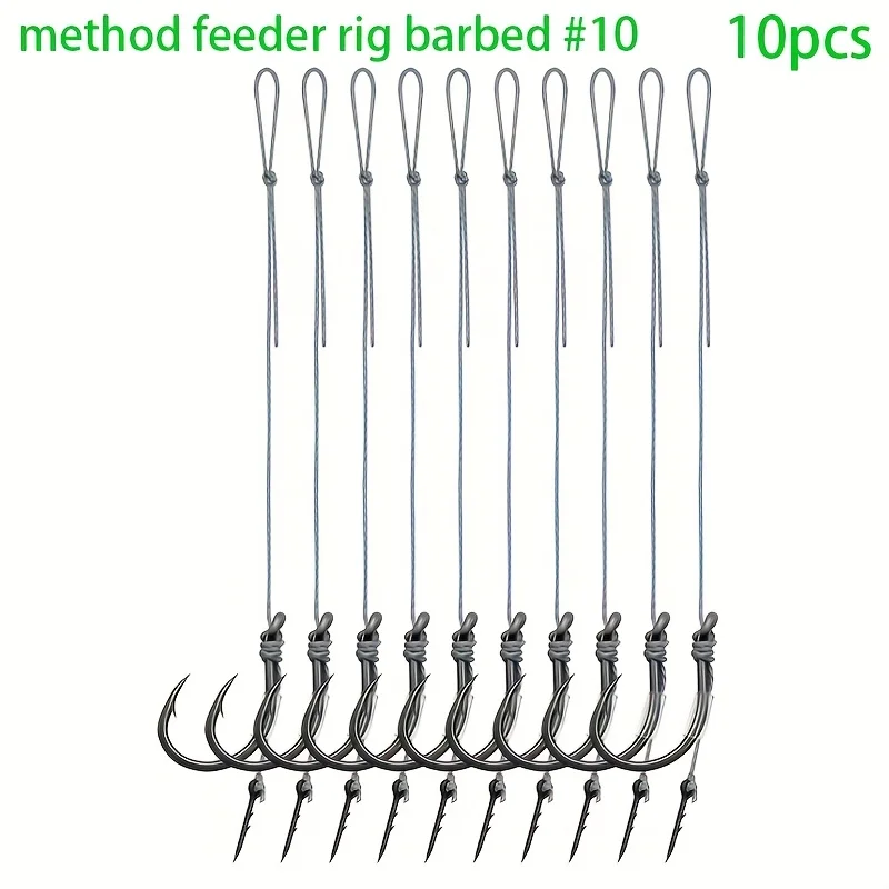 10/20 Stück Method Feeder Rigs mit Widerhaken und 8 geflochtenen Schnüren, hochfeste Widerhaken-Angelhaken Größe 6 8 10 12 14, Feeder-Angeln