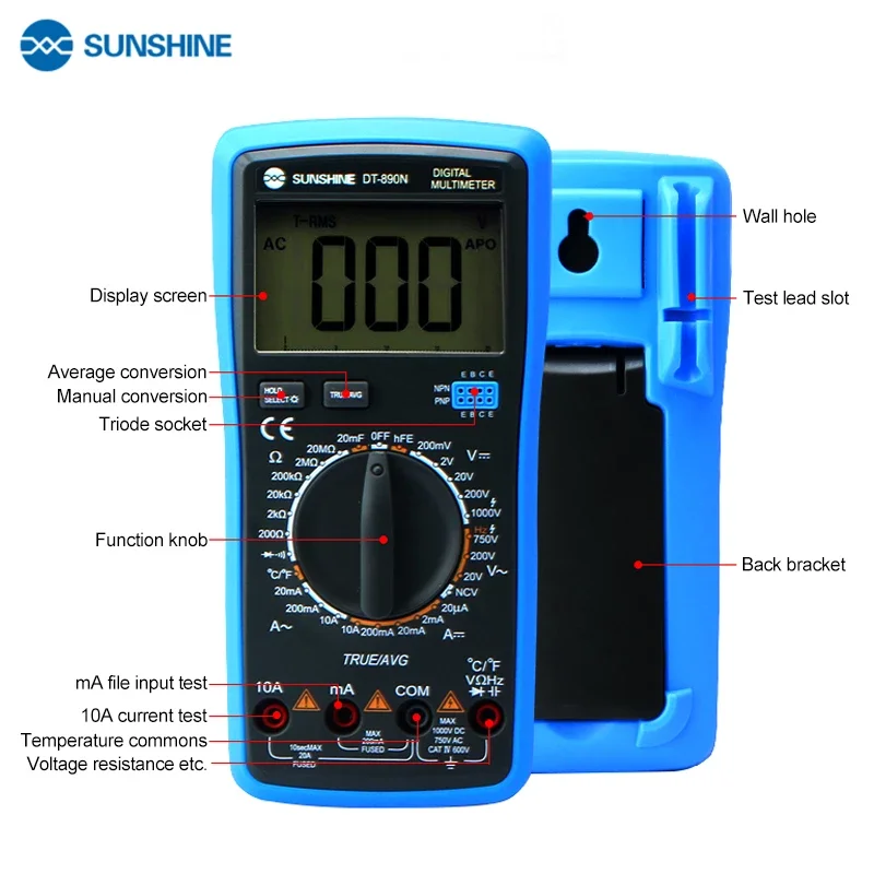 SUNSHINE DT-890N Digital Multimeter Transistor Capacitor Tester AC/DC Voltage and Current Resistance Measurement Meter Tester