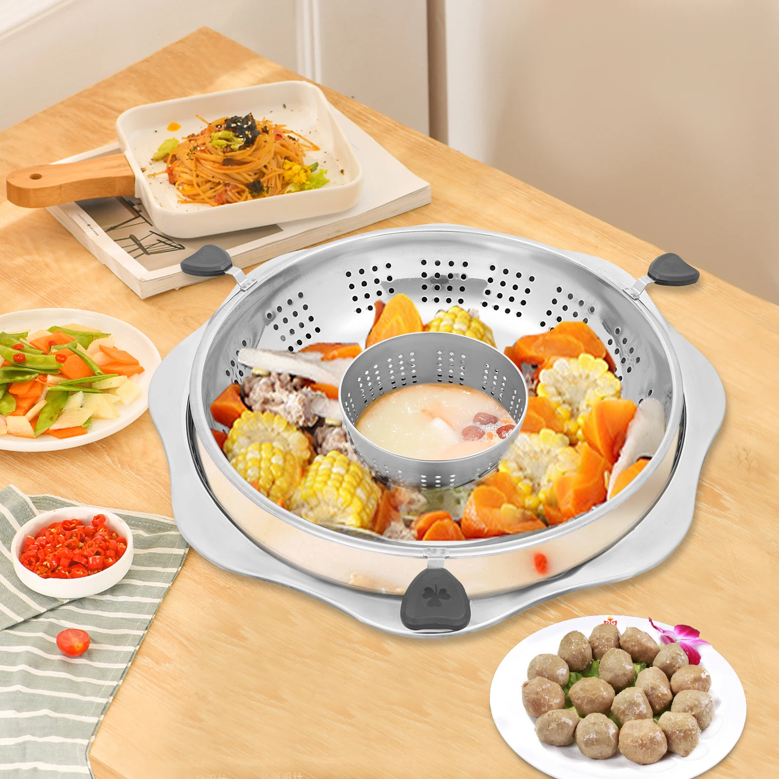 

Large Capacity Hot Pot Hot Pot Shabu Shabu 36cm Rotary Hot Pot with Divider Lifting Hot Pot Heat Resistance Widened Edges