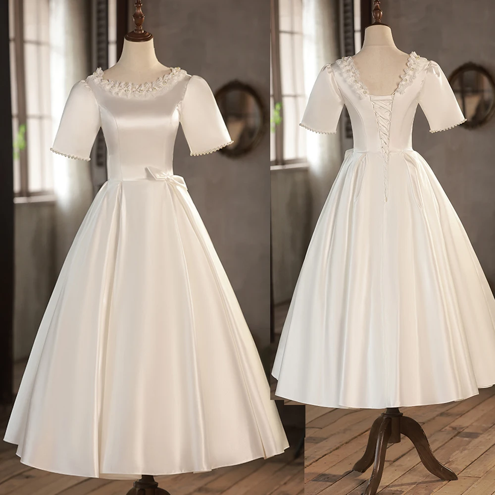 

French Retro Wedding Dress Satin Bridal Gown Wedding Guest Dress