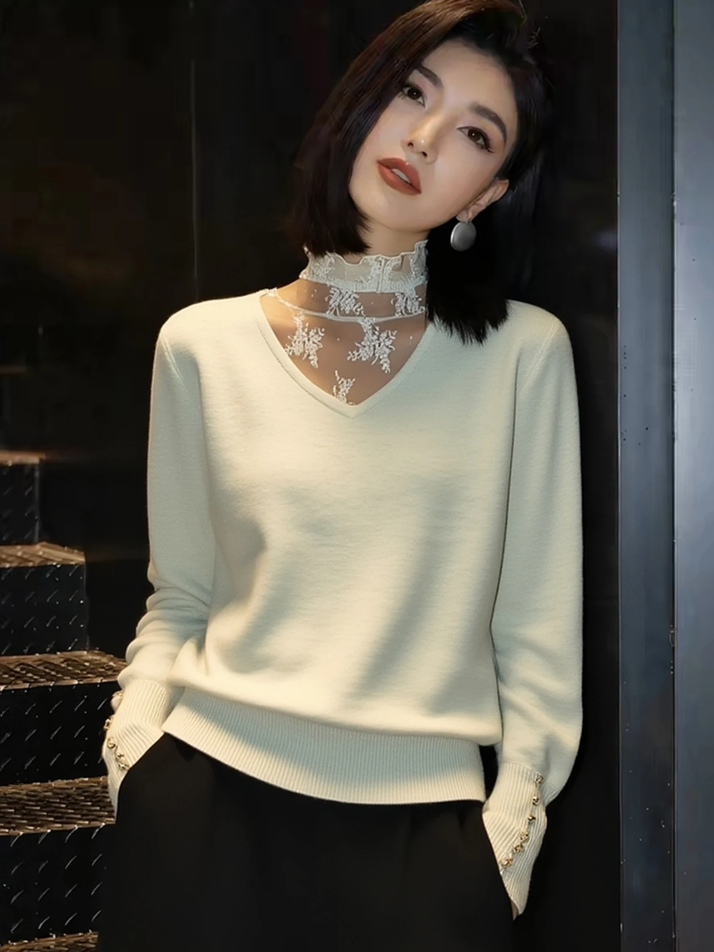 

Женская зимняя модная кофта Ele Korean Sle из мягкого хлопка с длинными рукавами, кружевными вставками, теплая, повседневная, универсальная