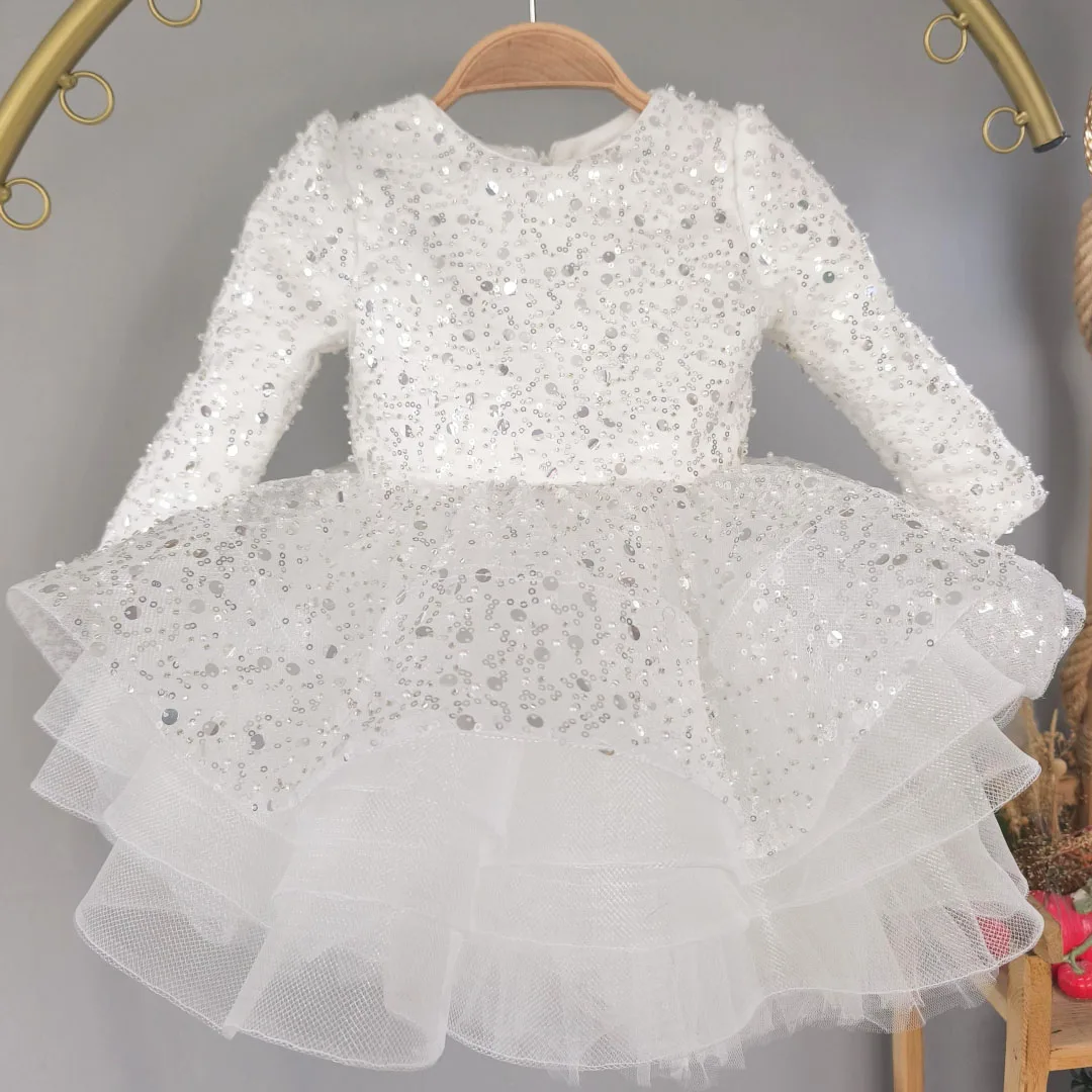 

Customized Flower Girl Dress White Sequin Tulle With Bow Long Sleeve For Wedding Birthday Party Banquet Holy Communion Gown