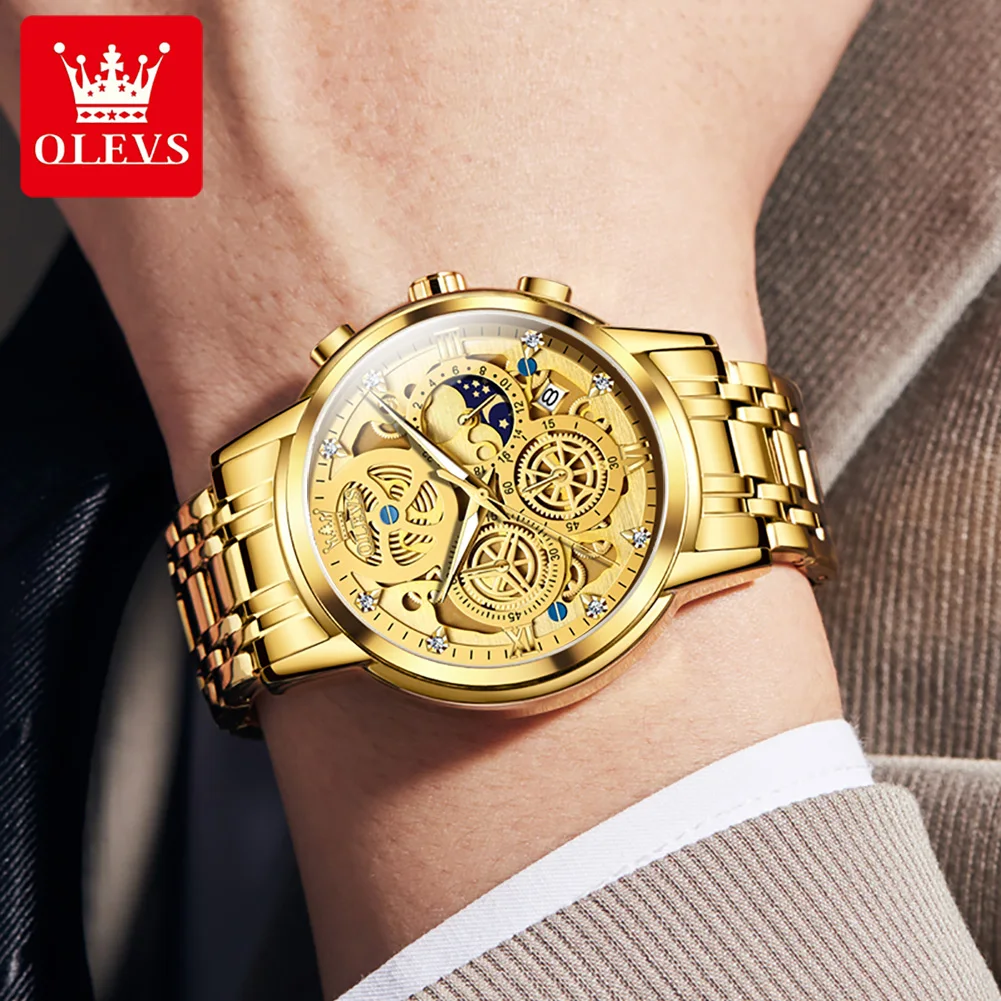 OLEVS Original Watch Men Stainless Steel Watches Luxury Diamond Watch with Date Business Classic Dress Chronograph Gift for Men