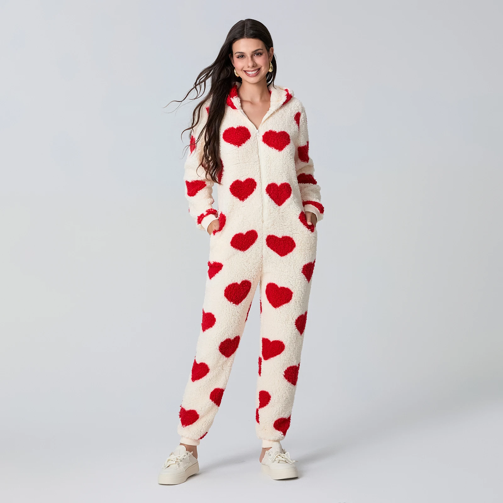 Women's Winter Warm Fleece Jumpsuits Pajamas Set Cute Heart Print Long Sleeve Zip-up Hooded Plush Romper for Sleepwear