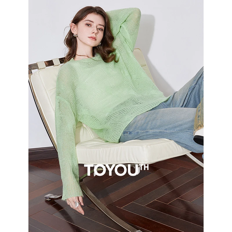 TOYOUTH Women Knitted Sweater 2025 Spring New Thin Hairy Soft Glutinous Green Grass Sweater Pullover Tops