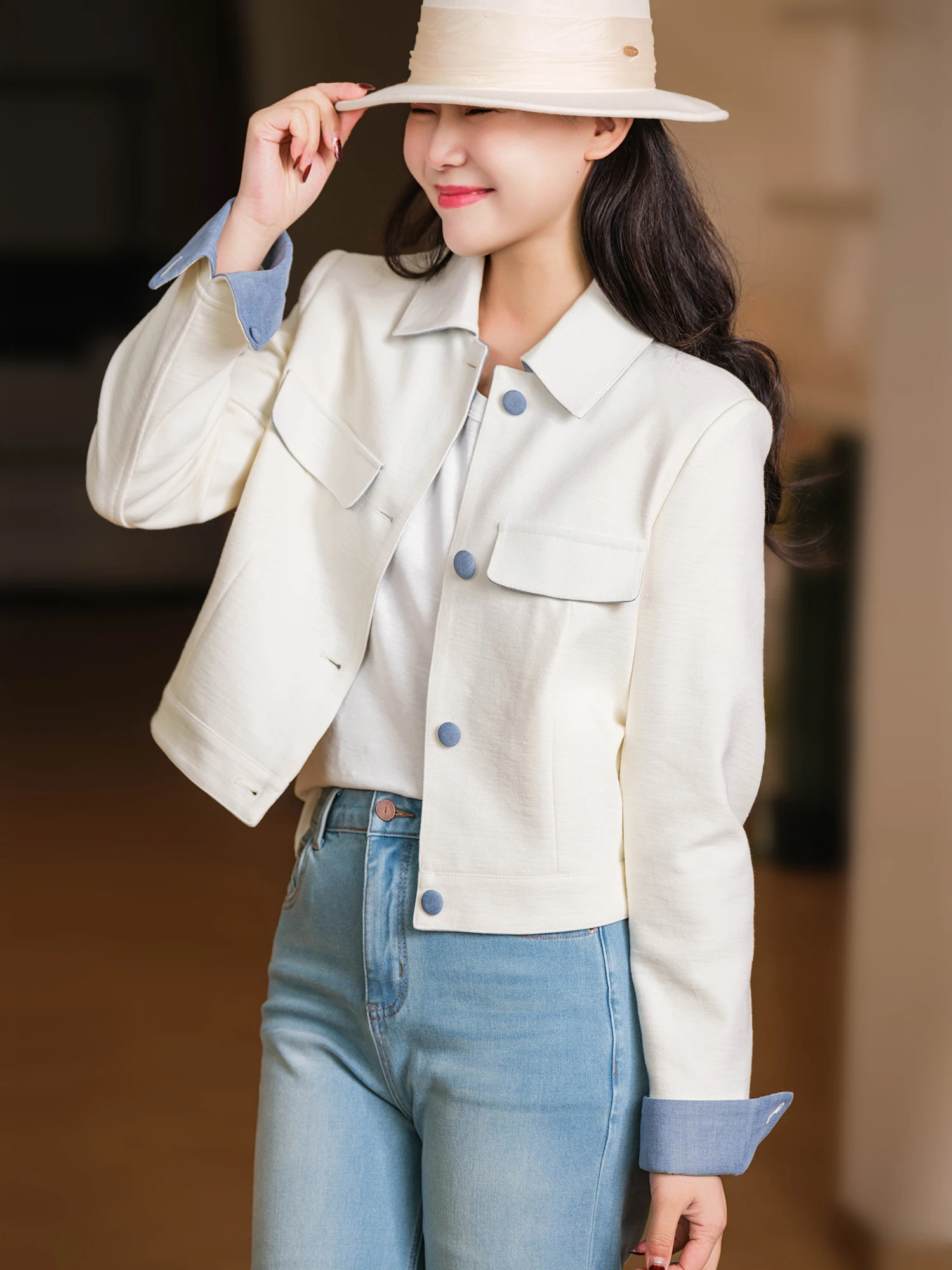 

Casual Style Short Outerwear Single Button Flip Collar Women's Jacket Slimming Effect Polyester Cotton Wool Blend Coat