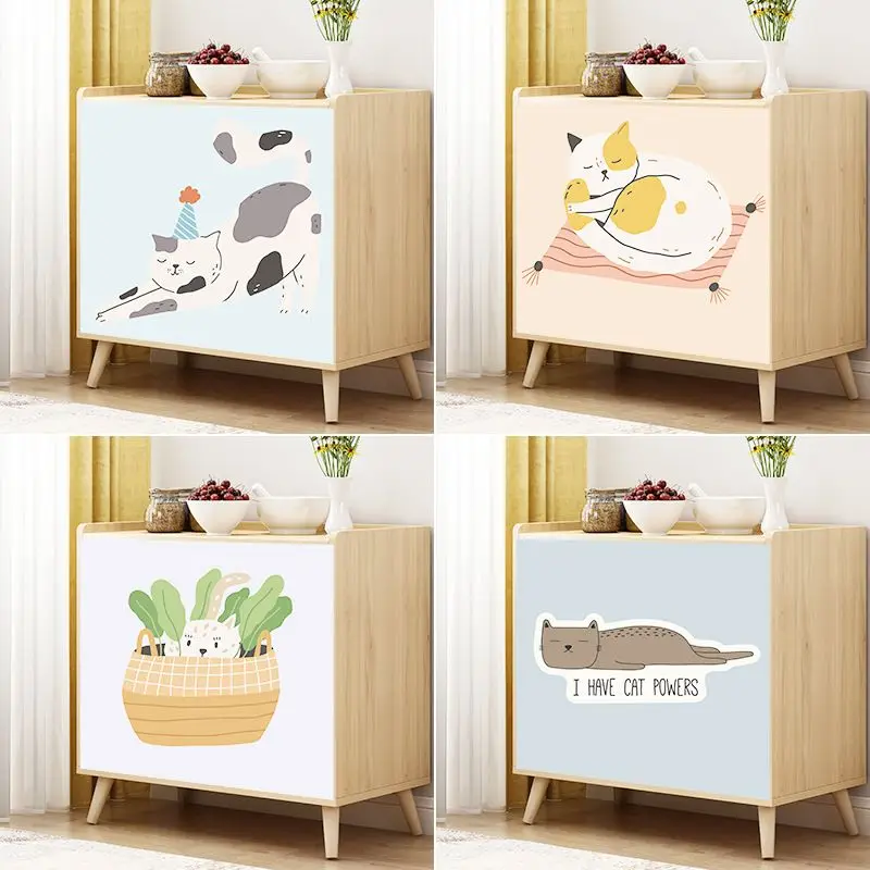 VIKAMA Cartoon Cat Cabinet Curtain Set Party Cat Sleeping Basket Lazy Cat Closet Cover For Bedroom Kitchen Living Room Decor