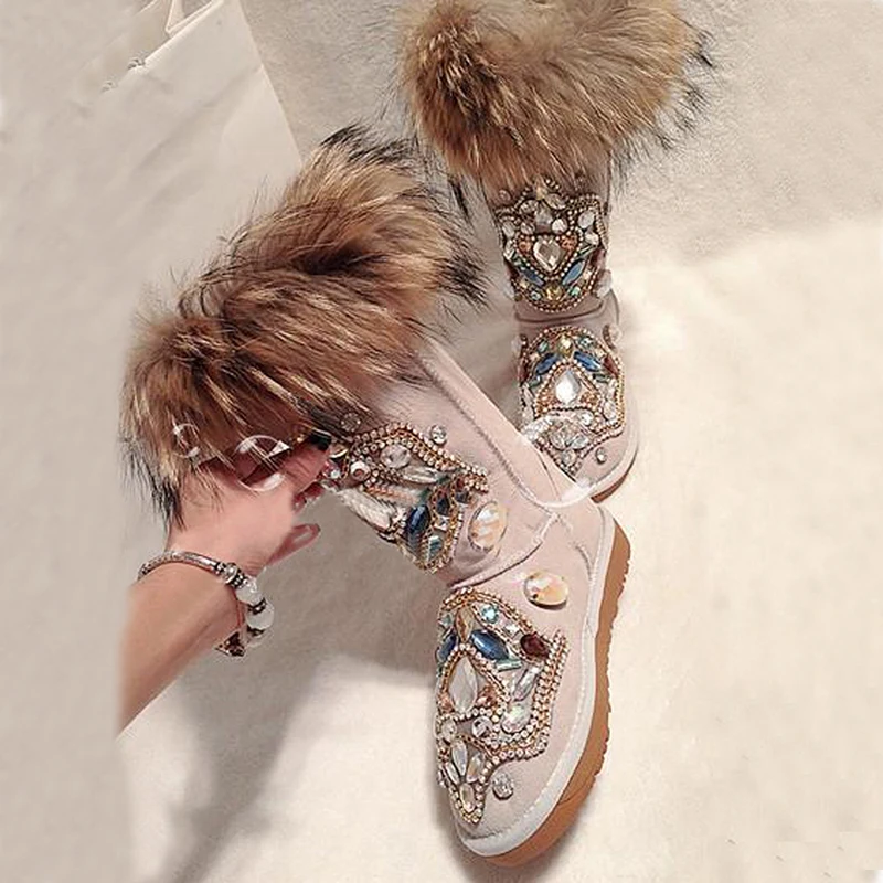 Real Fur Rhinestone Snow Boots Women Winter Warm Flat Ankle Boots Genuine Leather Casual Shoes Women Comfortable Botines Mujer