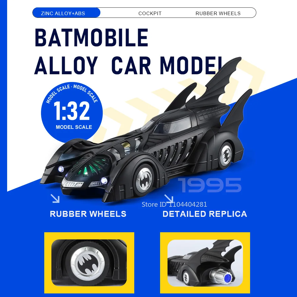 

1:32 Batmobile 1995 Toys Car Alloy Diecast Miniature Models Shock Absorption with Sound Light Pull Back Vehices Collecting Gifts