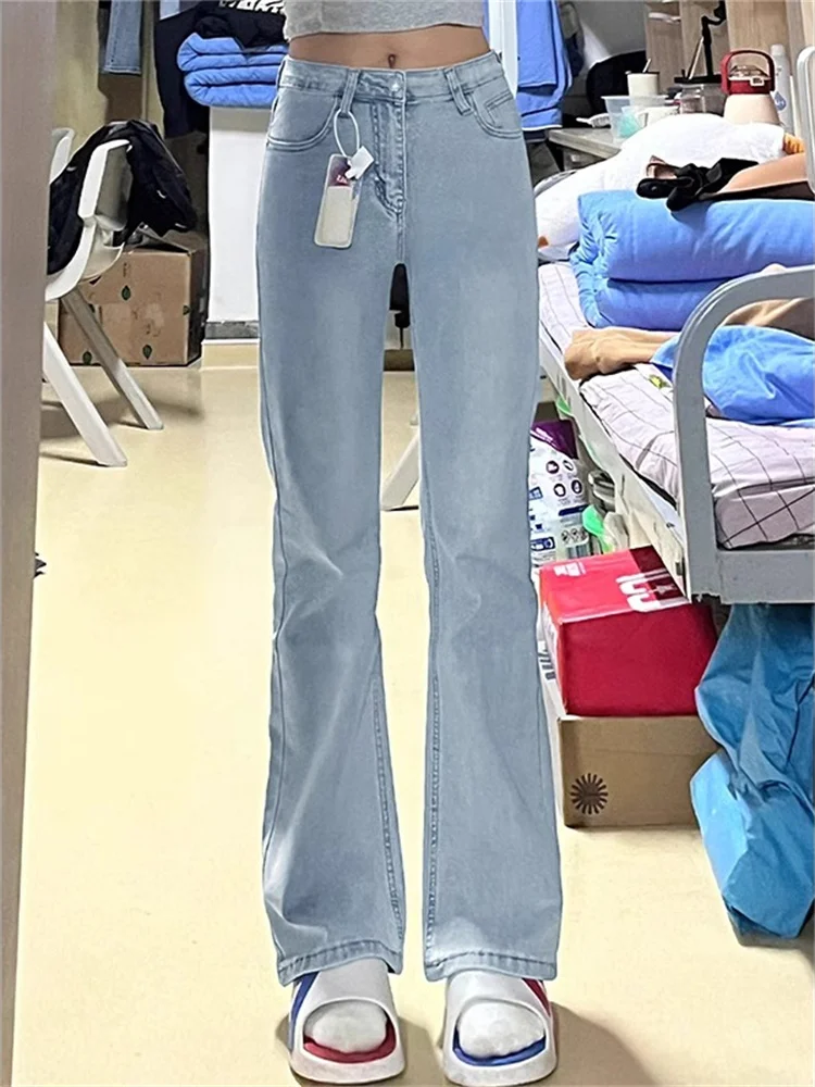 

Голубые джинсы-колокольчики с высокой талией, женские эластичные утягивающие брюки-копыта, зауженные леггинсы, джинсовые узкие джинсы Bootcut