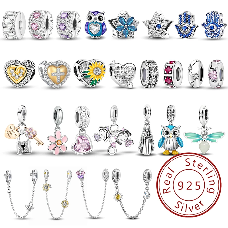 

925 Sterling Silver Blue Owl Sunflower Bird Star Charms Beads Fit Original Pan Bracelets Bangles Fine Jewelry Making DIY Gift