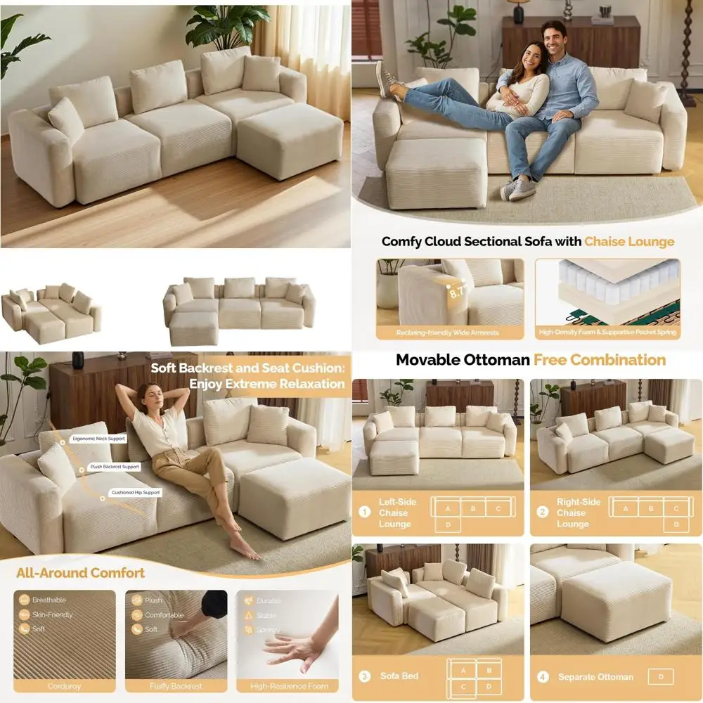 Трансформируемый вельветовый секционный диван с подвижным пуфиком, L-образный диван для гостиной, идеально подходит для удобного сидения.