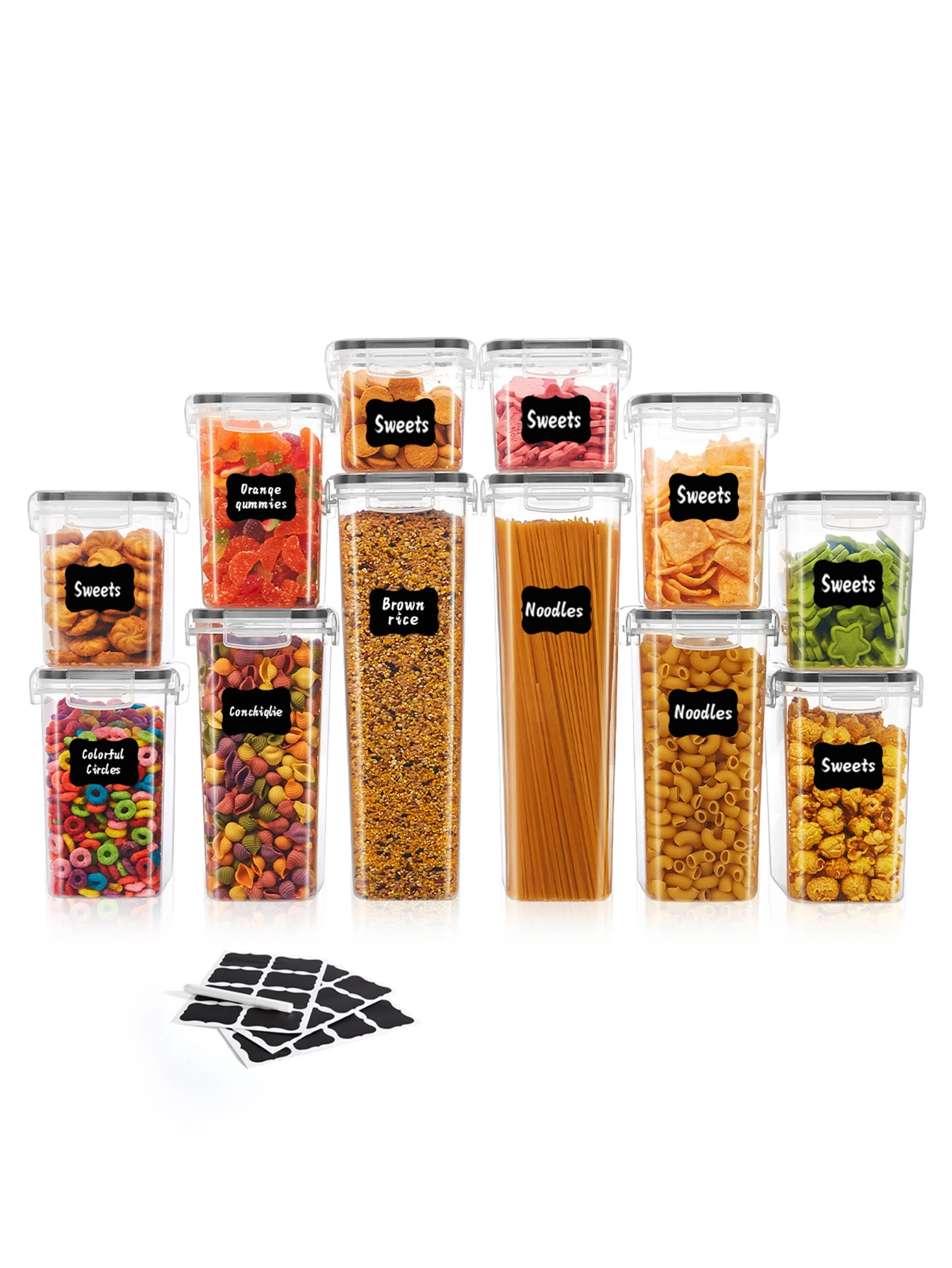 

9pcs Air-tight food storage containers with labels flour, sugar, salt, pepper, grains, tea, nuts and coffee beans, kitchen