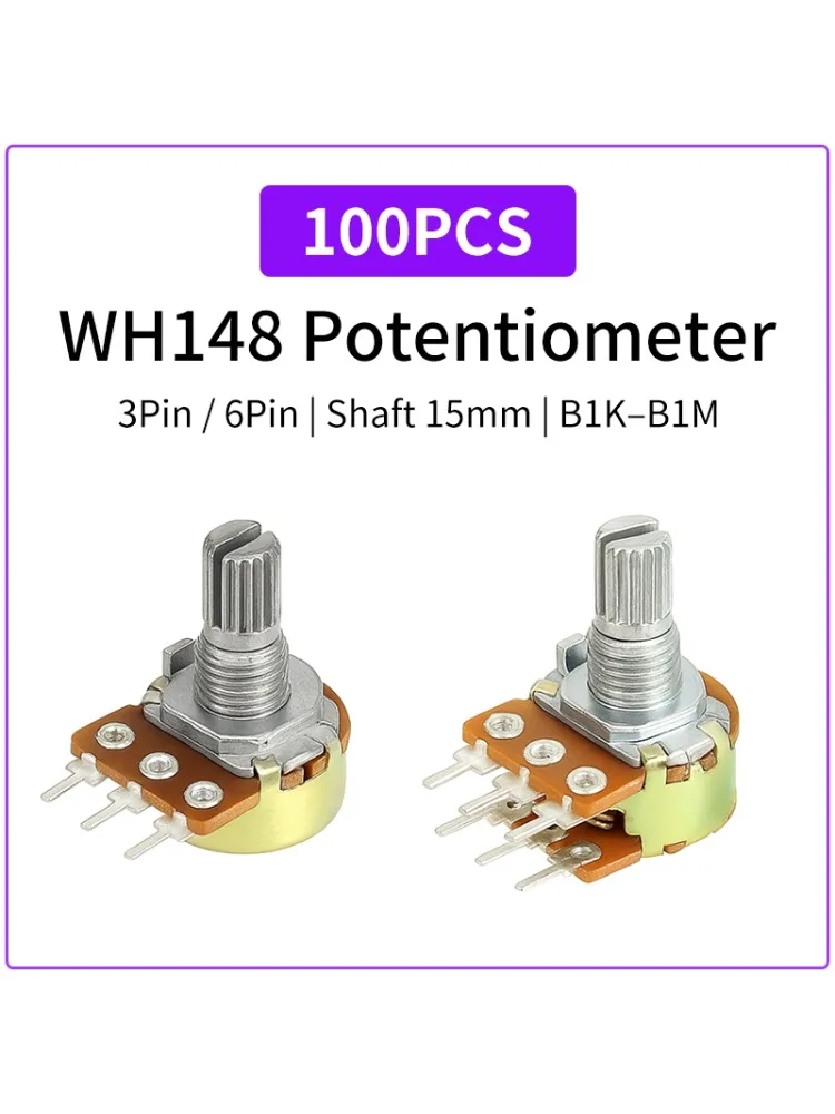100 SZT. Potencjometr liniowy obrotowy WH148 1K 10K 20K 50K 100K 500K Ohm 3Pin/6Pin Oś 15mm Typ B Rezystor zmienny do Arduino — zdjęcie produktu 6