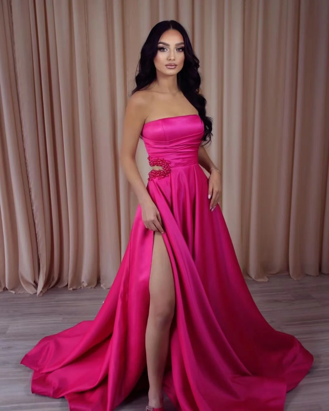 

Fashionvane Beaded Cutaway Sides Prom Dresses Strapless Zipper Back Evening Party Formal Occasion Gowns Side Slit Satin Vestidos