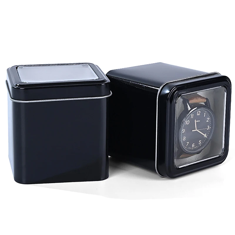 8CM Square Black Jewelry Watch Organizer Box Show Holder Tinplate Can Metal Sealed Jewelry Gift Box Display Case With Cushion