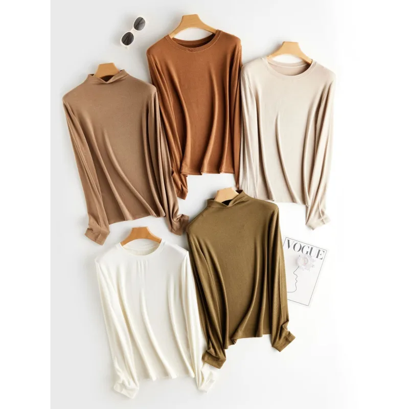 Autumn Winter Wool Soft Long Sleeve T-shirts Women Round Neck Slim Fit Basic Heating Tops