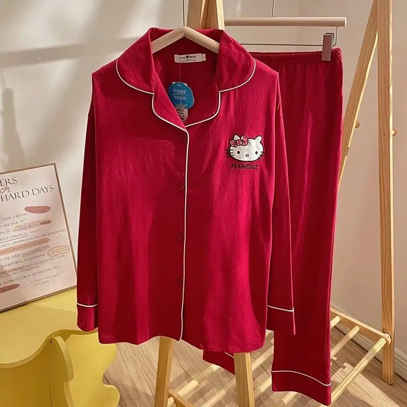 Red Hellokitty Long Sleeve Pajamas Pantsuit Cotton Loungewear Home Wear Autumn Spring Sleepwear Cute Anime Pajamas for Women