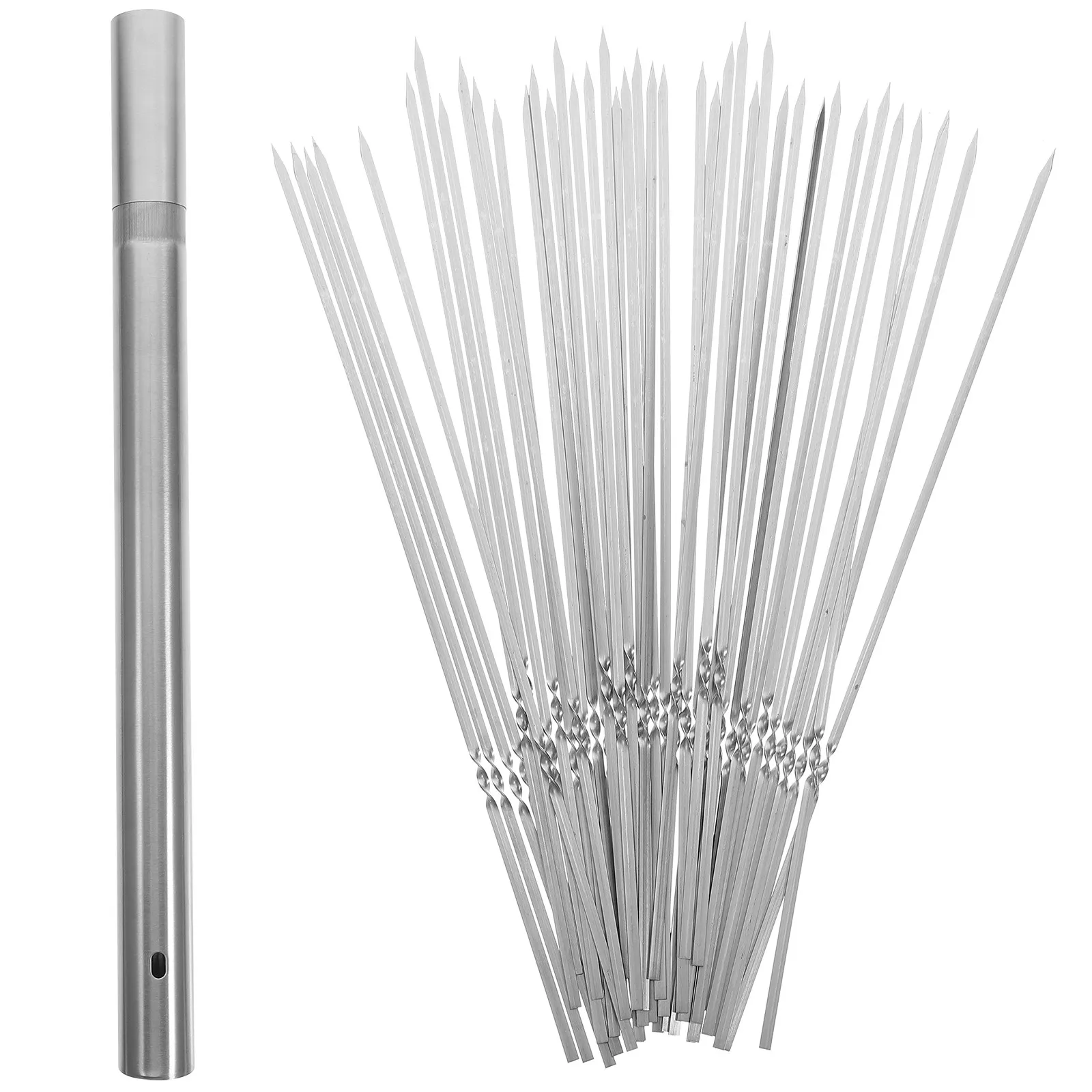 1Set Stainless Steel Flat Barbecue Skewers Reusable Non Slip Insulated Bbq Stick for Outdoor Grill Camping Picnic with Storage