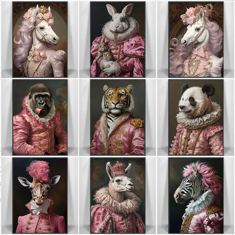 2026 Pink Renaissance Animal Portrait Poster Tiger Gorilla Rococo Horse Giraffe Rabbit Zebra Panda Canvas Painting Wall Home Dec