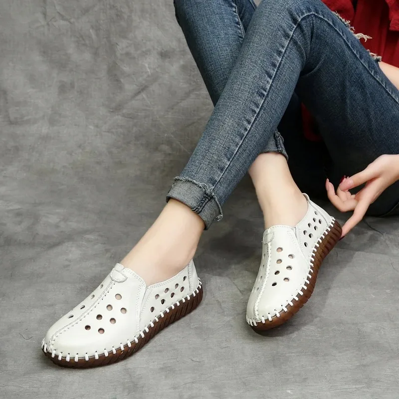 

Real Leather Cutout Sandals Ladies White Ballet Flats Woman Slip On Loafer Women's Hospital Comfy Nurse Shoes Mother Flat Sandal
