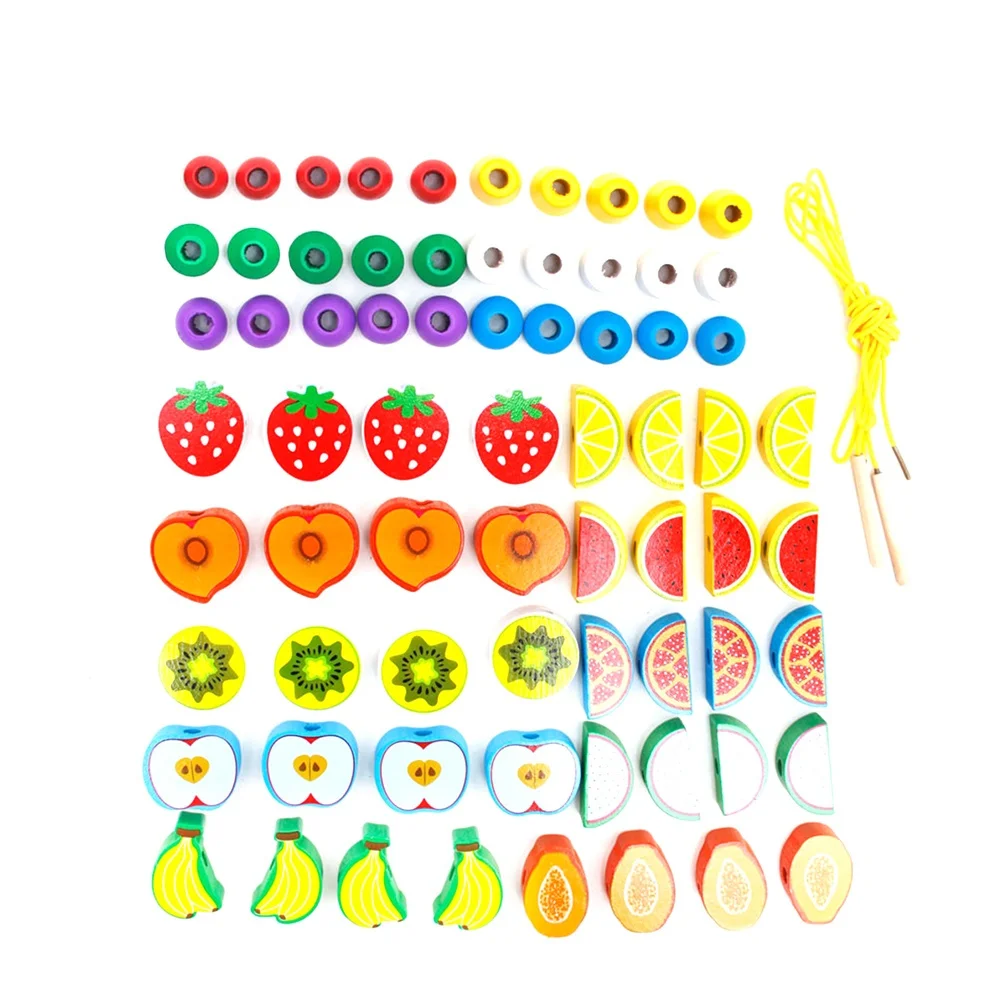 70 Uds. Cuentas para enhebrar frutas, cordones de madera para niños pequeños, juego de apilamiento Montessori, reconocimiento de formas de Color, habilidades motoras de madera