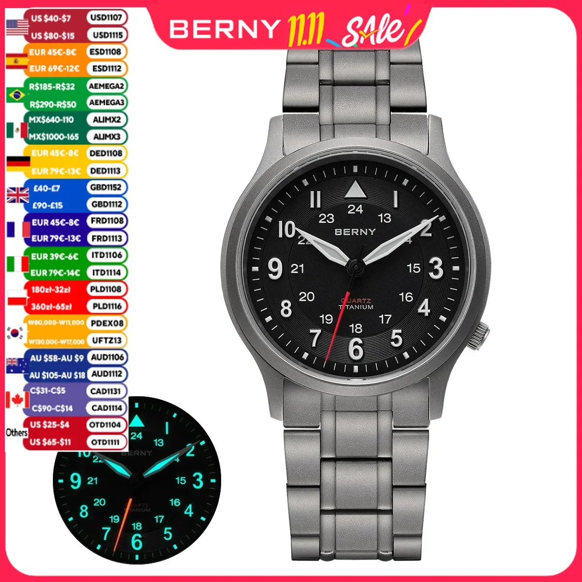 BERNY Full Titanium Watches for Men Outdoor Quartz Men's Field Wristwatch Super Luminous Sapphire Easy Read Watch
