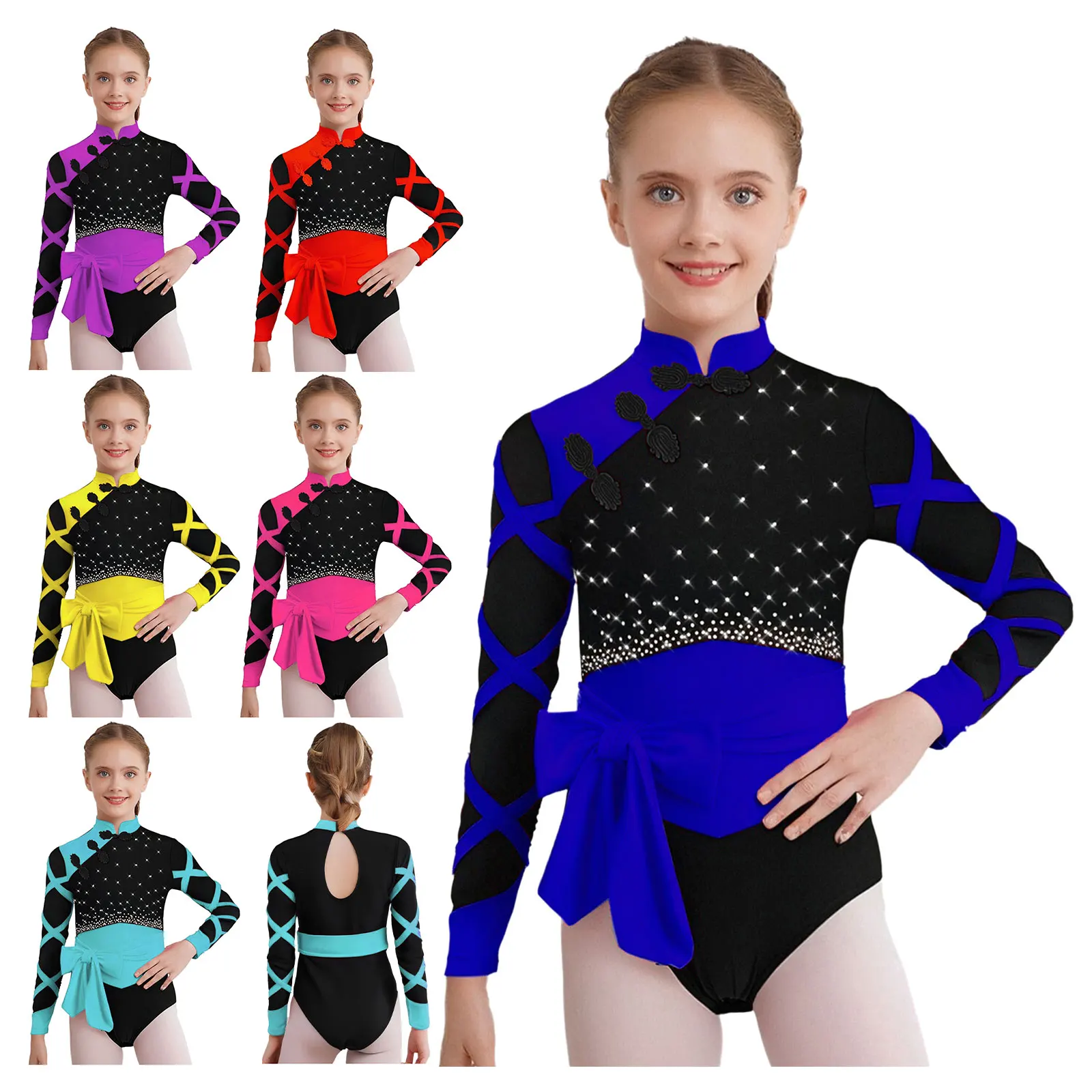 Justaucorps de gymnastique de Ballet de Style chinois pour enfants filles, body à col Mandarin avec ceinture, combinaison élégante en strass