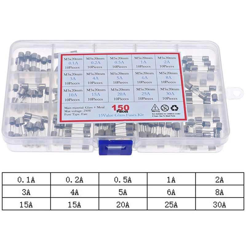 

150Pcs 5x20mm Fast-blow Glass Fuse Assorted Kit 0.1A 0.2A 0.5A 1A 2A 3A 4A 5A 6A 8A 10A 15A 20A 25A 30A Fuse Tube Mix Set Box