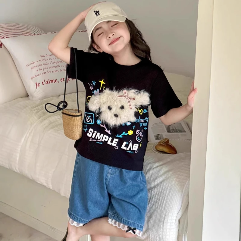 

Girl's Summer 2025 Puppy Simulation Cartoon Printed Cotton Round Neck Breathable Black T-shirt