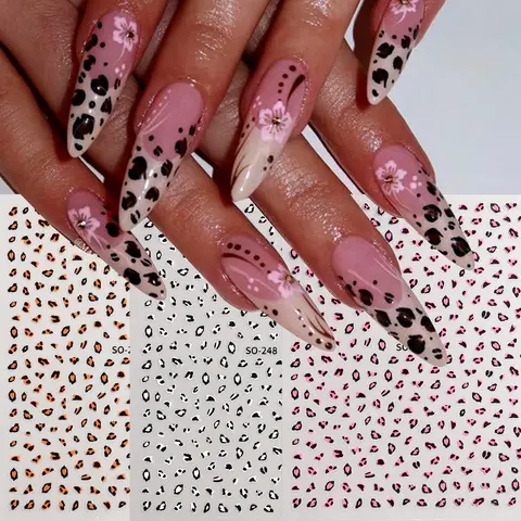 Brown Black Pink Leopard Print Nail Art Sticker Cute Black French Self-Adhesive Sliders for Nails Autumn Winter Nail Supplie