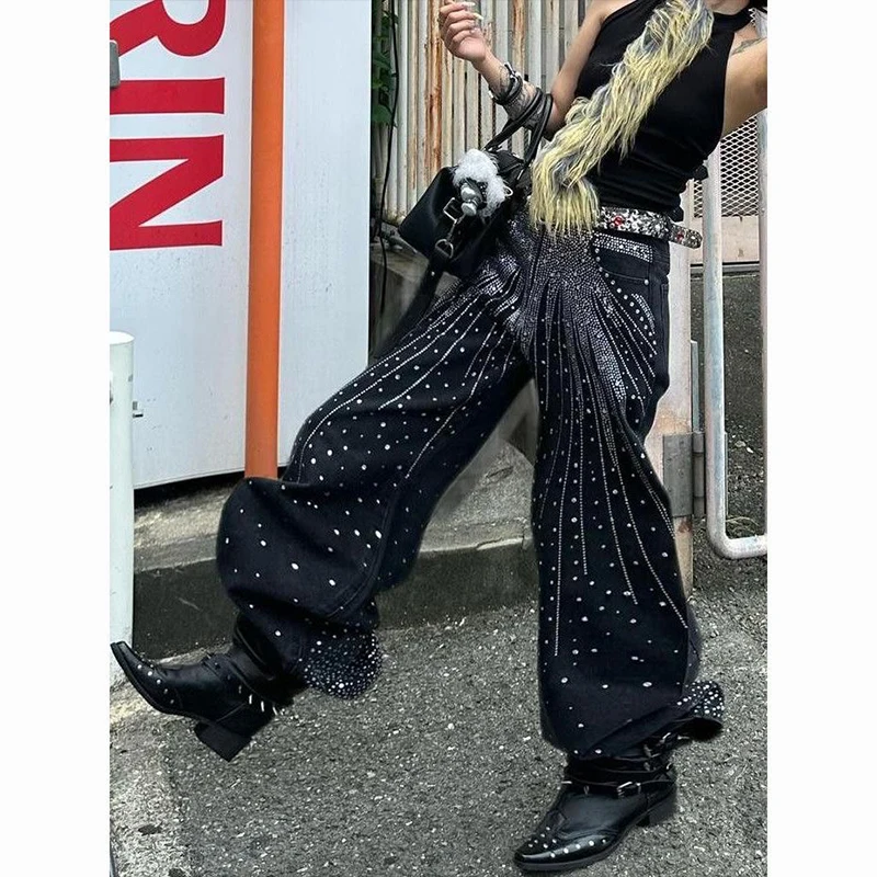 

Женские джинсы-карго свободного кроя с принтом из страз, синие, с эффектом потертости, повседневные, в уличном стиле