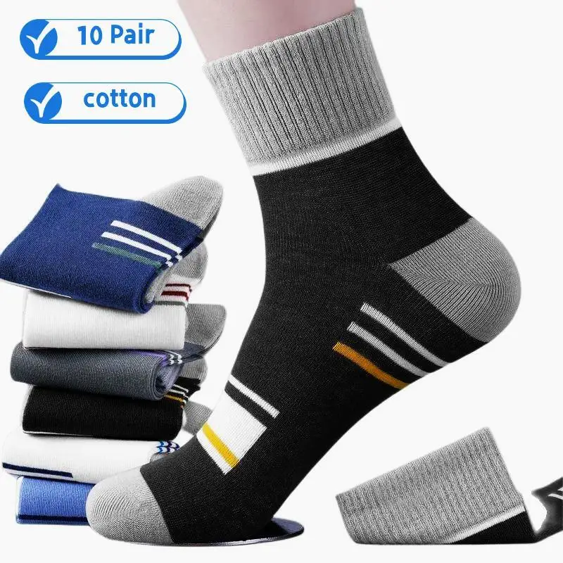 10 Pairs Men'S Pure Cotton Socks Fashion Casual Striped Wear-Resistant Breathable Sports Socks Big Size Business Socks For Men