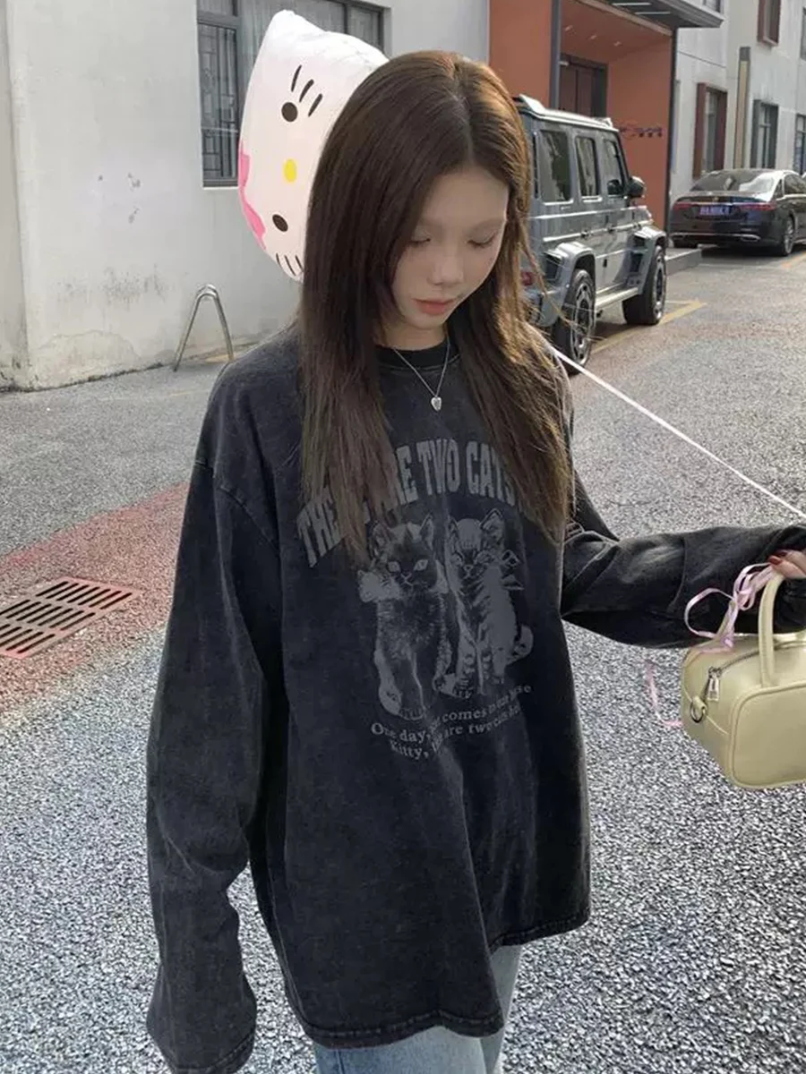 Waed Cotton Long Sve T-irt Women's Spring Autumn Loose Overhead Design Sensation Small Ins Trend  Print Vintage Sle