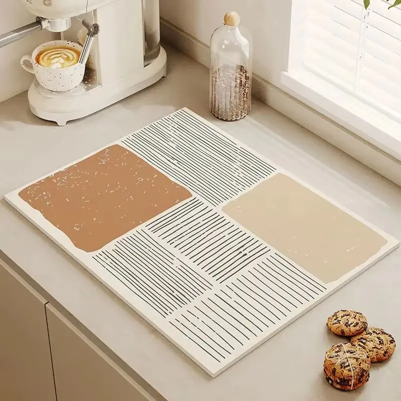 VIKAMA Neutral Tone Rainbow Line Drying Mat Quick Dry Absorbent Non Slip Coffee Station Kitchen Sink Decor Pad