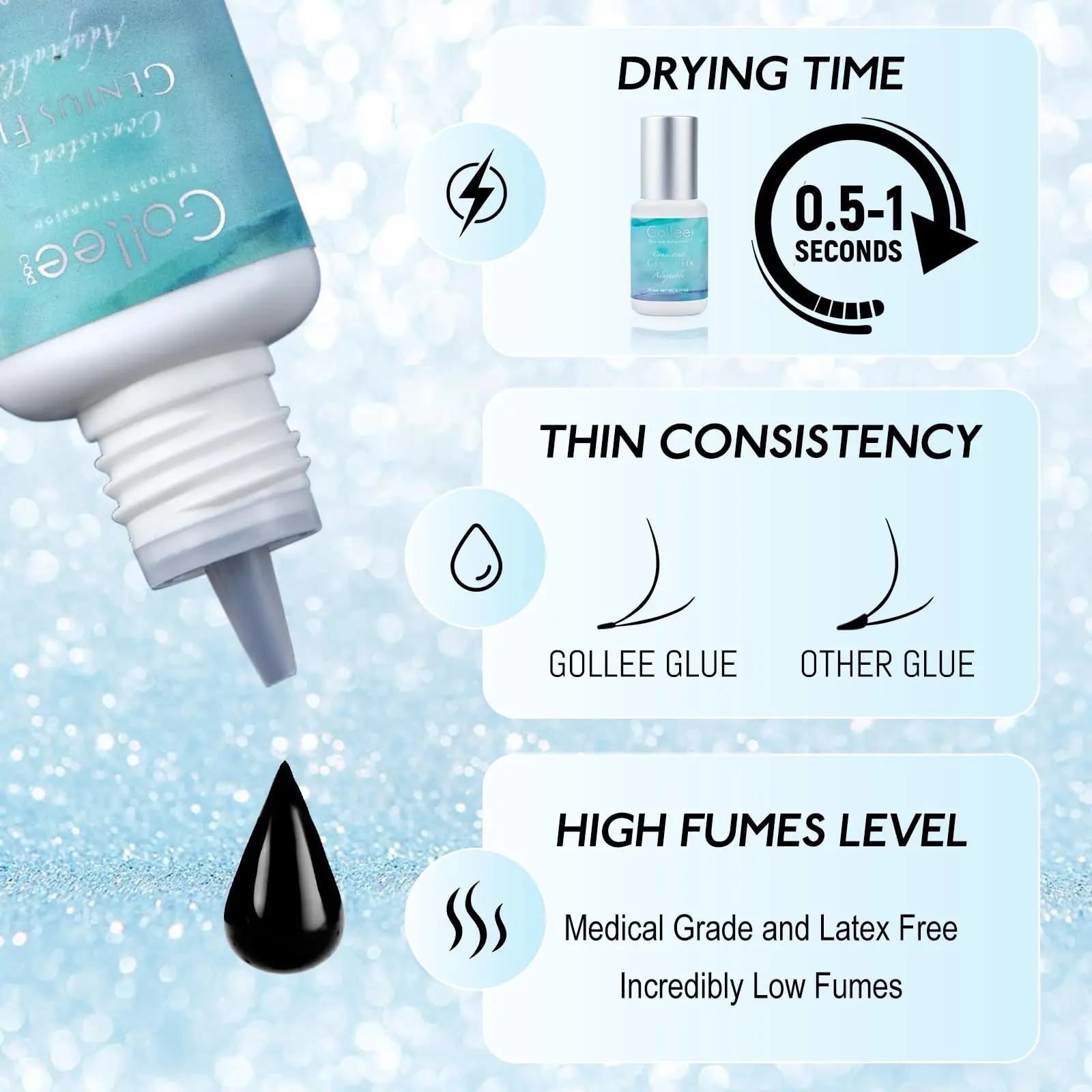 

Клей для наращивания ресниц Gollee Professional, быстросохнущий (0,5 сек), держится до 8 недель, медицинского класса, без латекса, с низким содержанием испарений, для профессиональных мастеров по наращиванию ресниц.