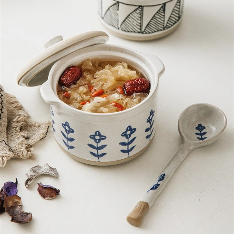 Ceramic Small Stew Pot Japanese Style Water-proof Stew Pot with Lid Stewed Bird's Nest Bowl Ceramic Cookware Pots and Pans