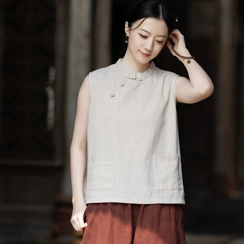 

Chinese Style Women Cotton Linen Tank Tops New Arrival 2026 Summer Vintage Frog Button Female Sleeveless Tops Tees M2593
