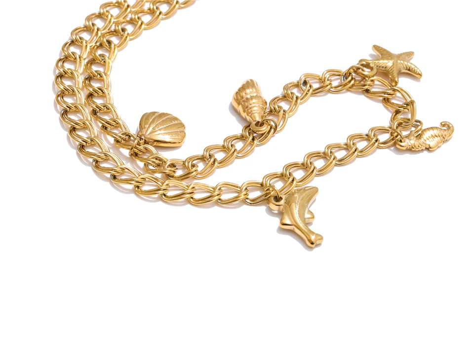 Yhpup Ocean Style Stainless Steel Seashell Conch Starfish Seahorse Drop Necklace Bracelet Bangle Waterproof Summer Daily Jewelry
