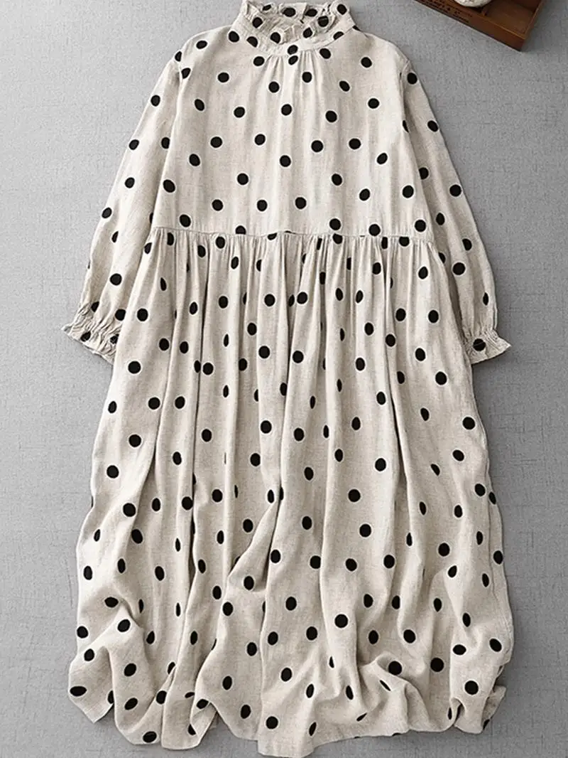Dot Print Commuter Midi Dress Loose Fit plus Size Women's Dress High Waist A-Line Skirt Long Sleeve round Neck Zipper Closure